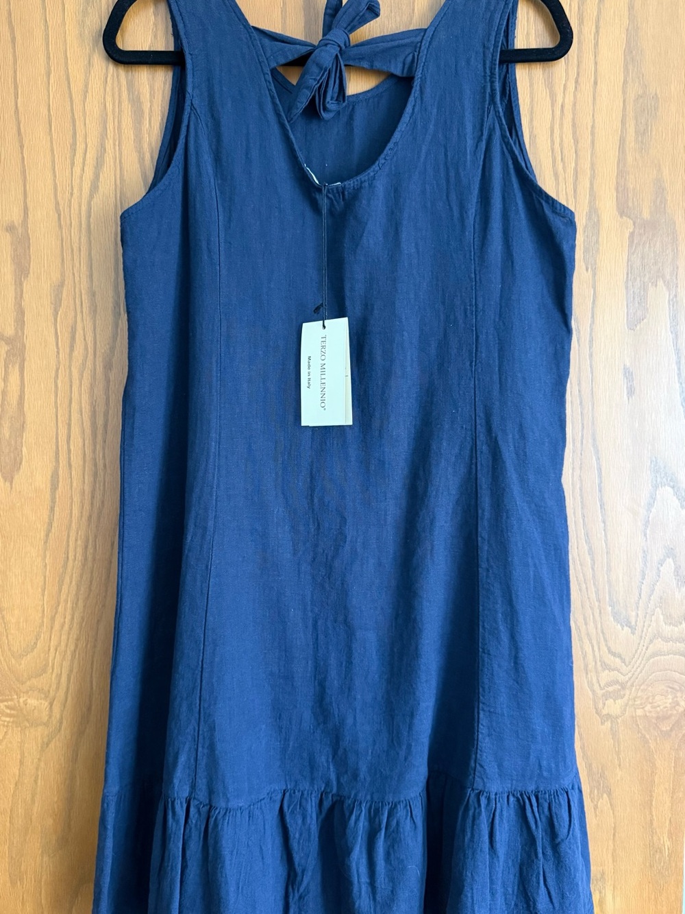 Terzo Millennio Made in Italy Navy Linen Blend Sleeveless Ruffle Hem Dress XL - Picture 2 of 6